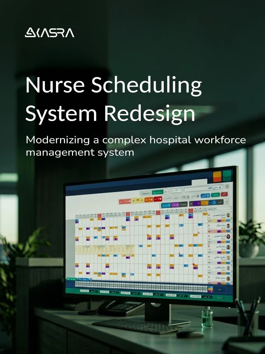 Nurse Scheduling System Redesign: a hospital office with the scheduling grid on a monitor