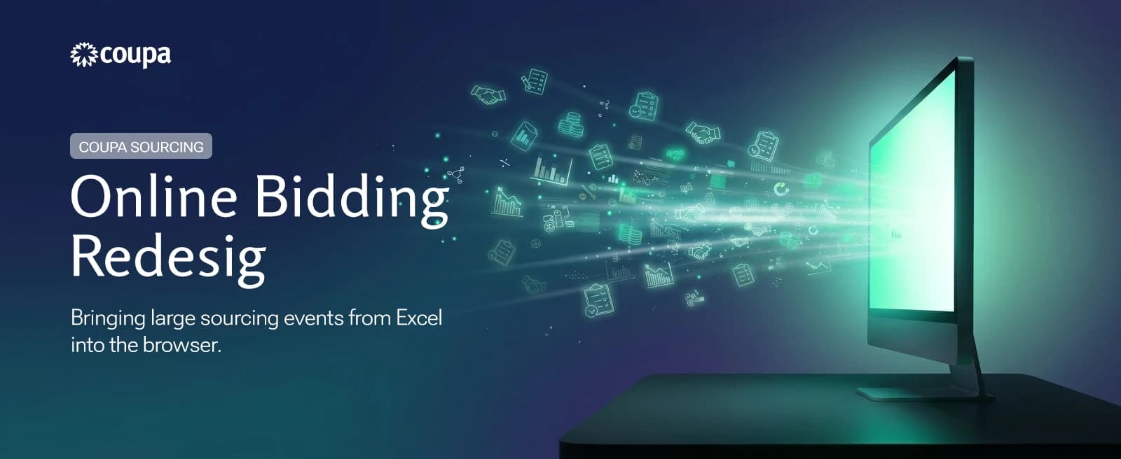 Online Bidding Redesign, Coupa Sourcing: bidding data flowing into a glowing computer screen